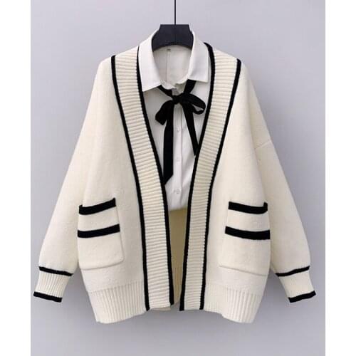 2021 Women Clothing Sweater Cardigans Casual Loose Knit Jackets College Style V Neck Double Pocket Black White Coat Female Tops