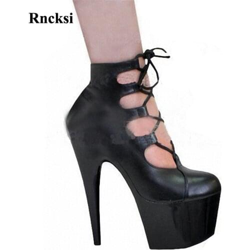 Rncksi New Lace Up Women Pole Dance Toe Fashion Boots Sexy 15cm High Heels PU Leather Shoes/Platform Lady Party Ankle Boots
