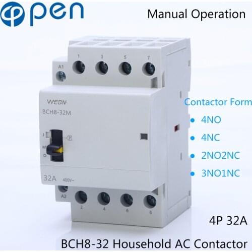 BCH8-32 Series 4P 32A Manual Operation AC Household Contactor 230V/250V 50/60Hz Contact 4NO/2NO2NC/3NO1NC/4NC Din Rail Contactor