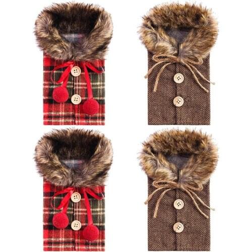 4 Pcs Christmas Wine Bottle Covers Plaid Wine Bottle Clothes Linen Wine Bottle Dress Coat Design Wine Bottle Bags for Xmas Party
