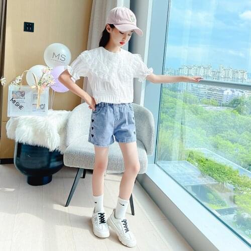 Children Clothes 2021 Summer New Girl Designer Clothing Set Korean Lace Short Sleeve Top + Denim Shorts Two-piece Set 13 14 Year