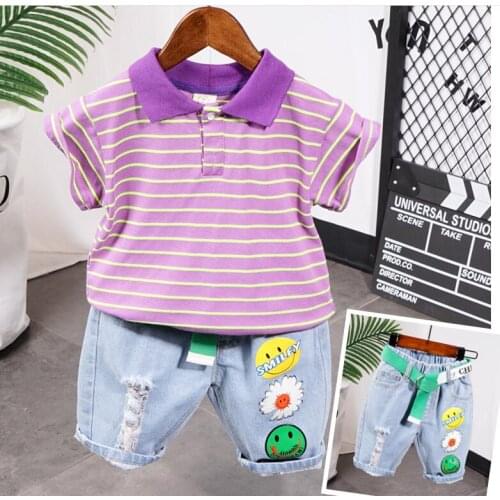 New Infant Kids Baby Boy Clothes Cotton Lapel T-Shirts Tops + Denim Shorts 2pcs Outfits Summer Boys Clothes Set 2-6Years