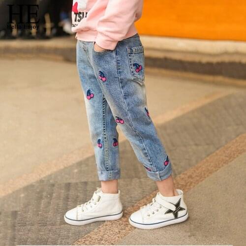 HE Hello Enjoy Childrens Clothing Girls Jeans For Girl Spring Autumn Baby Jeans Kids Pants Boutique Embroidered Cherry Trousers