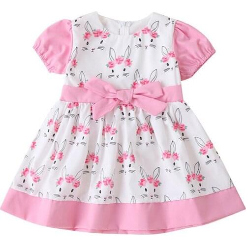 Kids Baby Girls Cotton Casual Easter Cute Rabbit Print Short Sleeve A line Dress for 1-5T