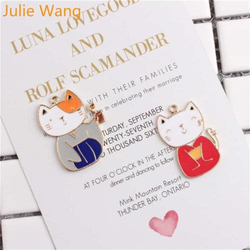 Julie Wang 5pcs Enamel Cartoon Japanese Cat Charms Alloy Gold Tone Animal Pendant Necklace Bracelet Jewelry Making Accessory
