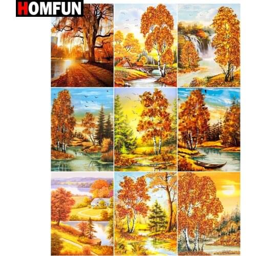 HOMFUN Square/Round Drill 5D DIY Diamond Painting "Maple leaf forest lake" Embroidery Cross Stitch Full Rhinestone Decor