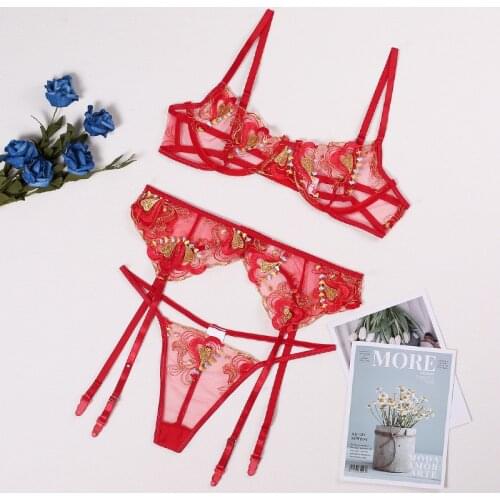 Bra and Panty Set Women Underwear Lace Lingerie 3pcs Open Cup See Through Thong Floral Embroidery Underwear Transparent Bra Set