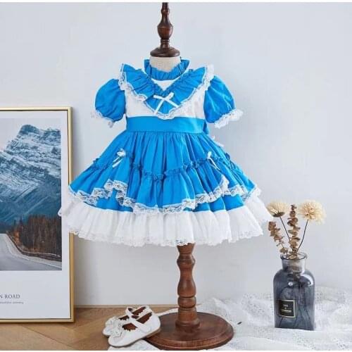 2PCS Summer Lolita Spanish Blue Princess Bow Ball Gown Turke Party Dress For Cute Girl Short Sleevels O-neck Cotton Dress 0-6y