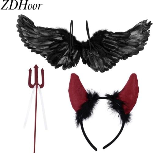 Halloween Devil Cosplay Costume Prop Set Feather Wing with Devil Horn Headband Trident Fancy Dress Stage Performance Accessories
