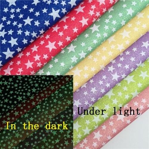 LEOsyntheticoDIY Printed Stars Glows in the Dark Glitter Vinyl Fabric Sheet Synthetic Leather Faux Vinil DIY A4 SIZE R2003A