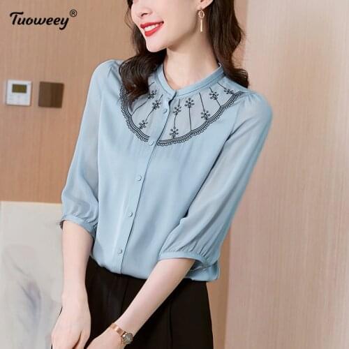 2021 Summer Korean Style Embroidery Plus Size Vintage Chiffon Blouse Women Blusas Mujer De Moda Tunic Tops office blue Shirts