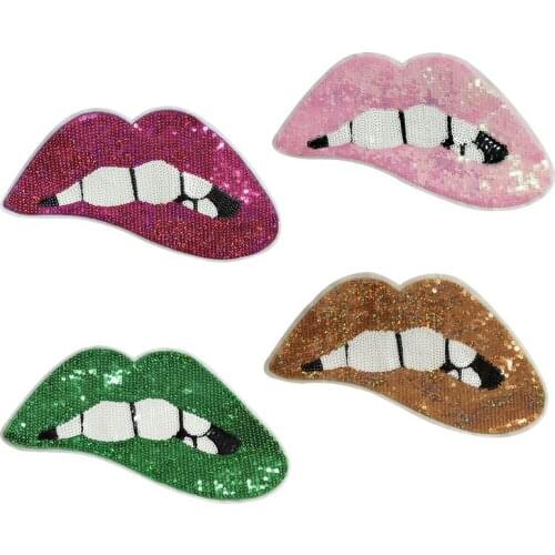 Sequins patch Custom Golden Red Lips Women Clothes Accessories Appliques Sew on patches for clothing Stickers Parches