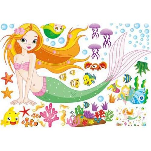 Cartoon Mermaid Wall Sticker Removable Vinyl Decal Home Decor Poster for Girls Kids room 0238 Kindergarten nursery Art Mural