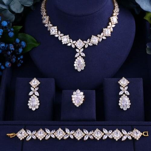 Jankelly Gold-Color Clear Stone Brilliant Cubic Zirconia Wedding Jewelry Sets For Women Bridal 4 pcs Earring Ring Necklace Set