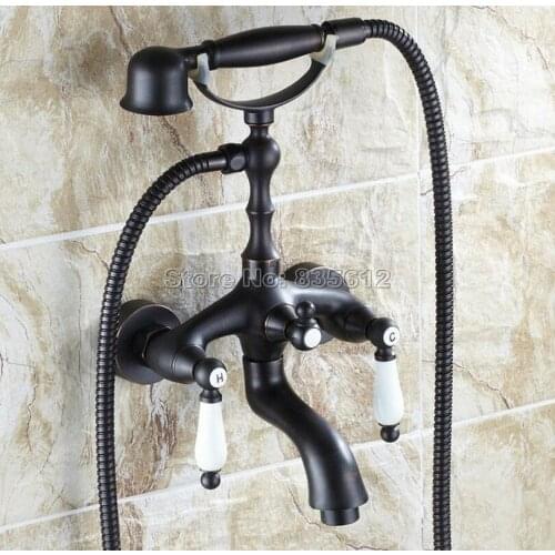 Wall Mounted Black Oil Rubbed Bronze Bathroom Dual Ceramic Handles Bathtub Mixer Tap with Handheld Shower Head Faucet Wtf040