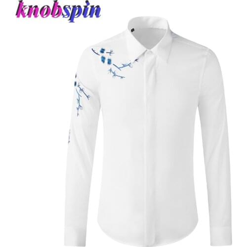 New Arrival Cotton Male Shirts Luxury Long Sleeve Plum Blossom Embroidery Casual Mens Shirts Fashion Slim Fit Party Man Shirts