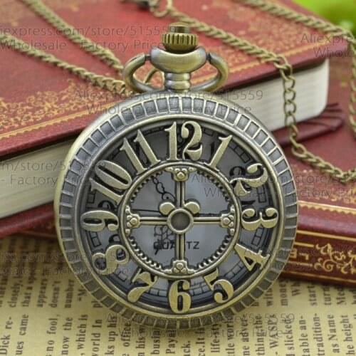 New Style Free Shipping Bronze Hollowed Number Quartz Pocket Watch Charming Pendant Vintage Pocket Watch Gift Watch Wholesale