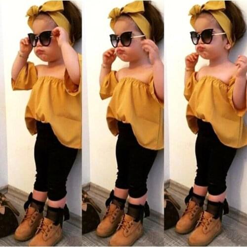 Toddler Baby Girl Clothes sets Yellow Off Shoulder Crop Top Black Leggings Pants Headband Outfits 3PCS Kids Clothes 2-7Years
