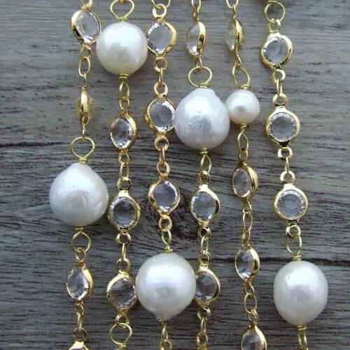 YYGEM 69'' Natural White Round Freshwater Pearl white Crystal pave gold plated Chain Necklace