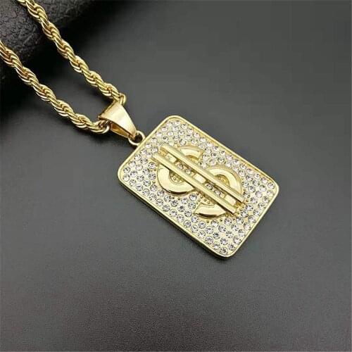 Hip Hop Iced Out Rhinestones Square Dollar Sign Pendant Necklaces Gold Color Stainless Steel Money Coin Chains For Men Jewelry