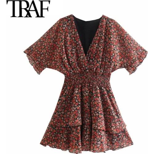 TRAF Women Fashion Floral Print Ruffled Mini Dress Vintage Short Sleeve Elastic Waist Female Dresses Vestidos Mujer