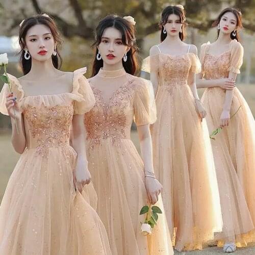 Bridesmaids Dresses Short V-Neck Sequined A-Line Pearls Tulle Floor-Length Spaghetti Straps Vintage Lady Wedding Party Gown E487