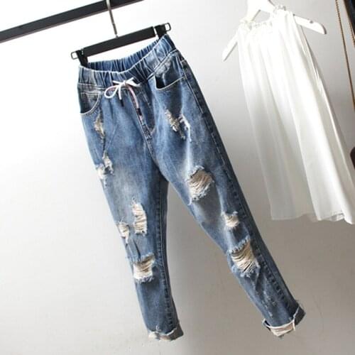 Casual Denim Harem Pants Summer New Korea Fashion Women Ripped Jeans Plus Size Elastic Waist Vintage Loose Blue Jeans