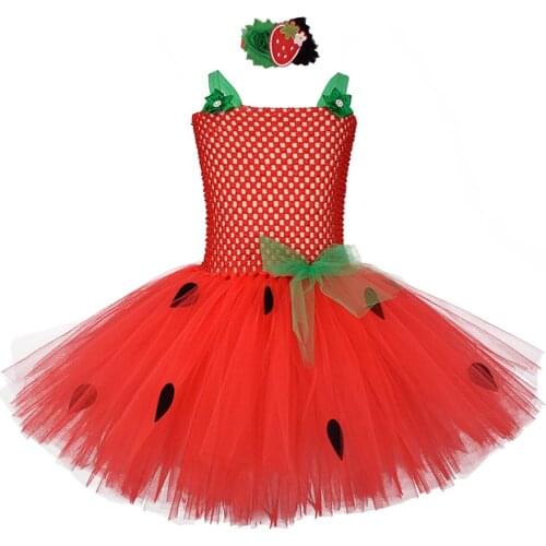 Christmas Cute Strawberry Tulle Tutu Dress Girls Dress with Hair Band Halloween Costumes for Children