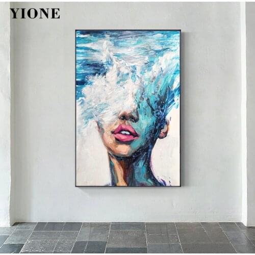 Blue Ocean Sea Wave Woman Canvas Oil Painting Modern Abstract Portrait Art Picture Prints Wall Poster for Bedroom Living Room