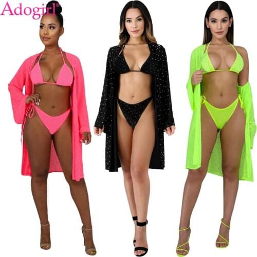 Adogirl Sexy Solid Shining Swimsuit 3 Piece Fluorescence Halter Bra CropTop Tie Shorts Overall Suit Women Beach Style Club 2020