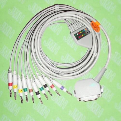Compatible with Siemens, Hellige, Custo-med, DEGO EKG 10 lead,One-piece ECG cable and leadwires,15PIN,4.0 Banana,IEC or AHA