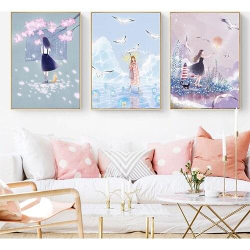 Modern Cartoon Girl Landscape Wall Art Canvas Painting Posters and Prints Home Decoration Wall Pictures Decor for Living Room