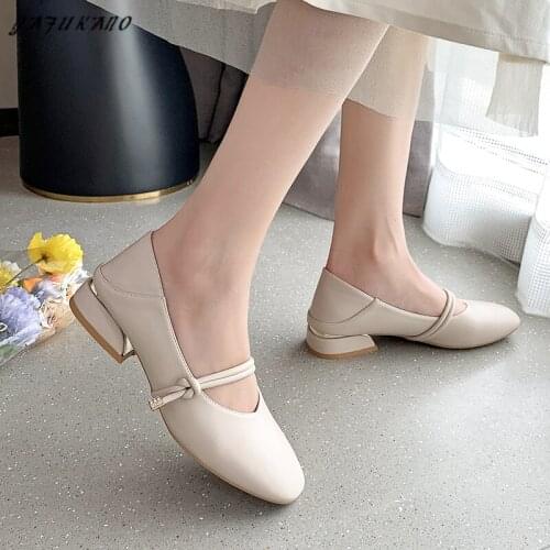 Elegant Women Single Shoes 3 Cm Square Low-Heel One Word Band Casual Pumps Soft Leather Two Wear Mary Jane Shoes Lady High Heels