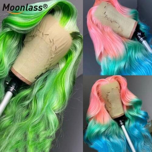 Green Blue Pink 13X4 Lace Frontal Human Hair Wigs Brazilian Highlight Body Wave Hair Wig Plucked Transparent Lace Front Wigs