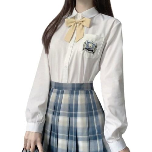 Ladies Shirt Durable Embroidery Spring Stundent Female Long Sleeve Shirt for School Girl High Waist Plaid Pleated Skirts Clothes