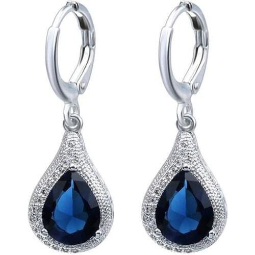 2020 New Women Royal Blue Zircon Drop Shape Casual Hoop Earrings Fashion Dangle Earring Wedding Jewelry Bijoux Gifts