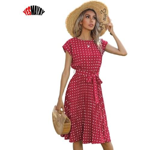 Womens Formal Dress Office Ladies Summer Pleated Dress O-neck Elegant Evening Party Dresses Maxi Midi Beach Dress Polka Dot