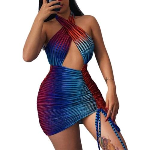 Women Sexy Hollow Out Drawstring Dress Blue Halter Neck Sleeveless Short Bodycon Slim Mini Dress for Summer S/ M/ L