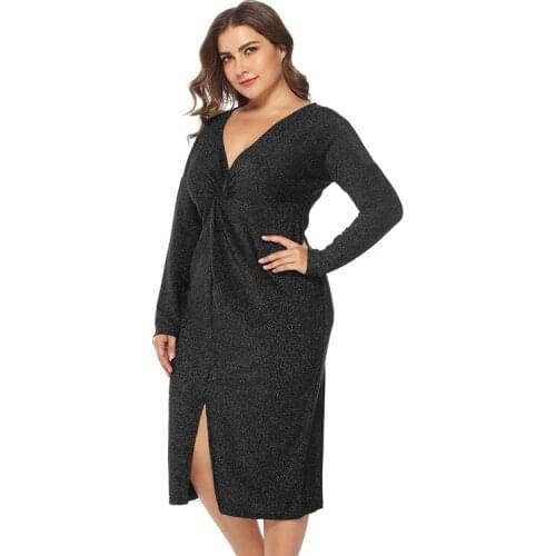 Winter Plus Size Women V-neck Slit Sequin Black Dress Girl Long Sleeve Sexy Dresses Party Night Club Dress 4xl 5xl Elegant Hot