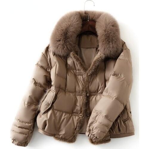 Winter Women Real Fox Fur Collar 90% White Duck Down Jacket Ladies Warm Puffer Coat Female Vintage Button Thick Parkas