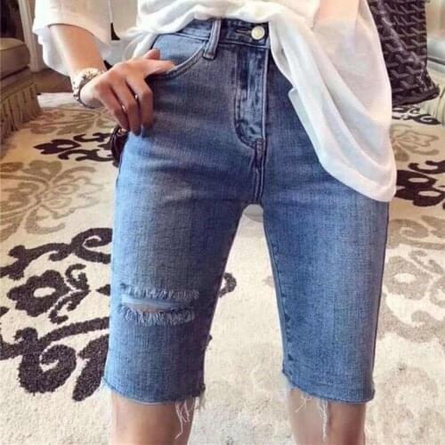 2021 New Summer Woman High Waist Slim Denim Shorts Plus Size Fashion Tassel Tight Knee-length Washed Sexy Jean Shorts Female Z44