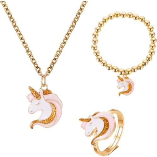3pcs/set Necklace ring Cartoon Unicorn Necklace Earring Jewelry Pink Girls Gift Jewelry Jewelry Bracelet and Necklace Set