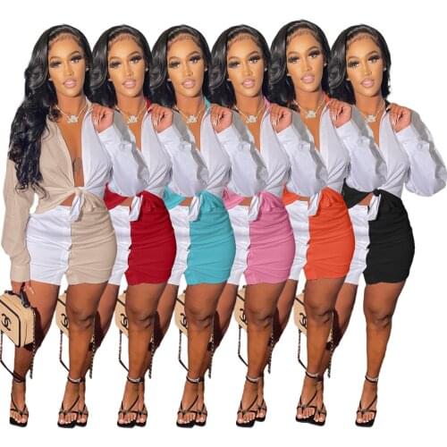 Adogirl Elegant Patchwork Two Piece Set Women Party Outfit Long Sleeve Shirt Top And Mini Suit Skirt Matching Set Streetwear