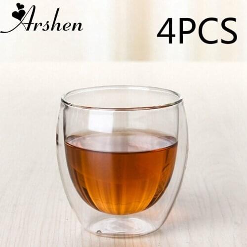 Arshen 4pcs/Set 80ml Clear Double Wall Double Glassware Coffee Tea Cups Glassware Milk Beer Soup And Insulated Wine Cups