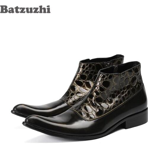 Batzuzhi Luxury Handmade Men Boots Pointed Toe Bronze Leather Ankle Boots Zip Business Dress Boots Short Motocycle Botas, US12
