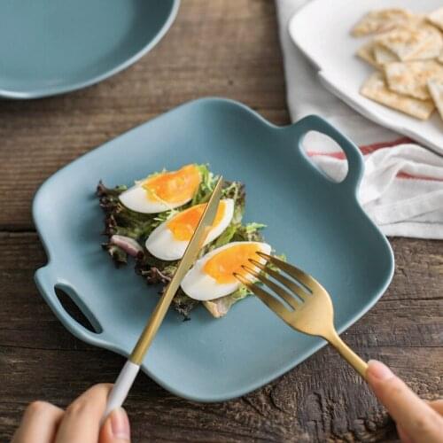 Household kitchen Mat Glaze Baking Breakfast Plate Steak Plate Sweetheart Cake Fruit Plate Nordic Style Matt Double Handle Disk