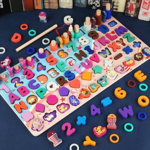 Wooden Shapes Number Puzzle Montessori Toys for Toddlers Shape Sorter Counting Fishing Game Children Math Stacking Jigsaw Board
