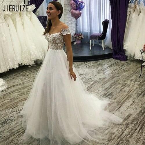 JIERUIZE Boho Wedding Dresses Short Sleeves Sheer Jewel Neck Button Back Illusion Lace Appliques Bridal Gowns Robe De Mariage