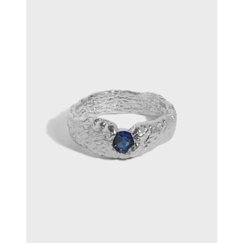 INS Authentic S925 Sterling Silver FINE Jewelry Irregular Texture Foil Blue sapphire Ring adjust Engagement C-JA602