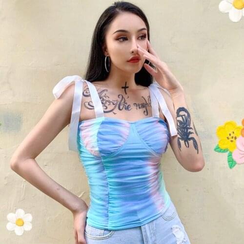 2020 Tie Dye Backless Mesh Ruched Lace Up Bodycon Sexy Women Sleeveless Crop Top Tank Summer Fashion Streetwear Party Club Camis